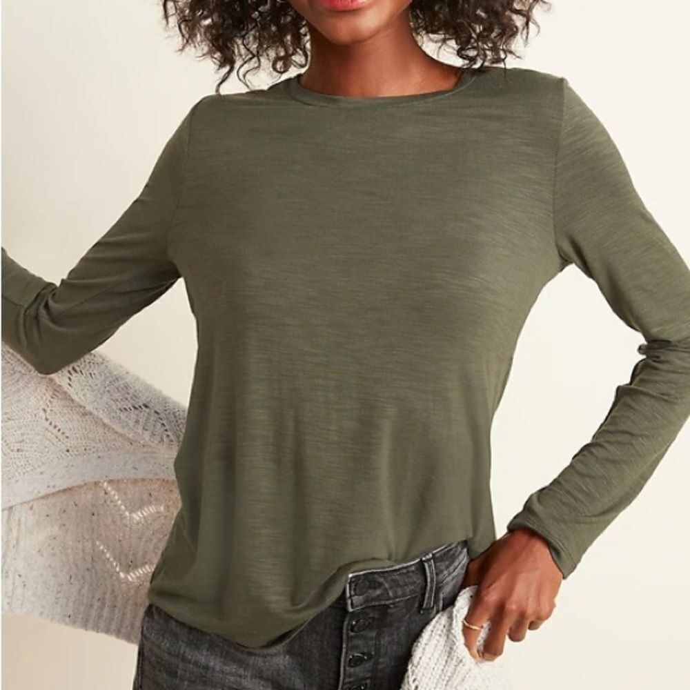 Old Navy Women’s XXL Luxe Crew-Neck Slub-Knit Long-Sleeve Tee Olive Green